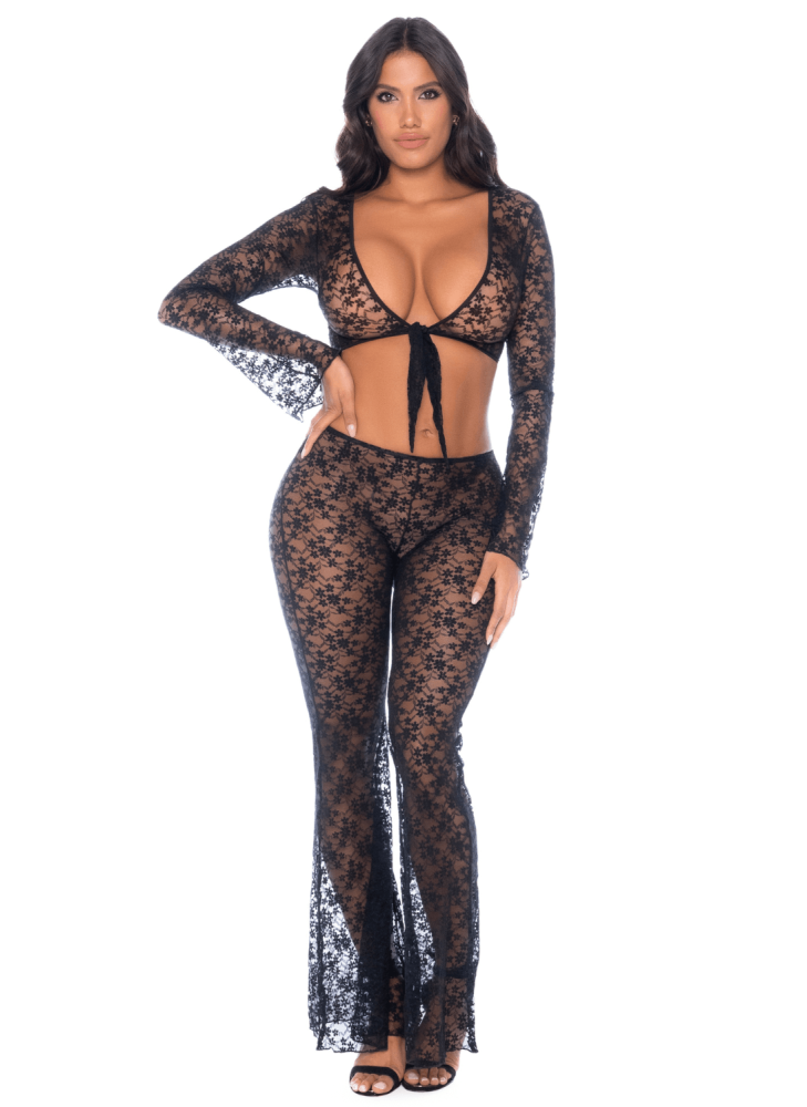 Top et pantalon en dentelle florale noire - MAL1915BLK